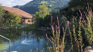 Une vue paisible sur un lac, avec des montagnes en arrière-plan, un bâtiment en bois avec un toit rouge et une végétation luxuriante.