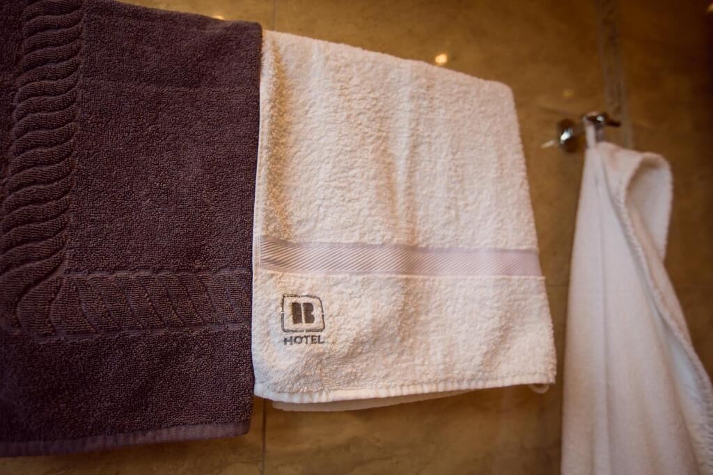 Un baño con dos toallas colgadas en un perchero, una con textura y la otra con el logotipo de un hotel.