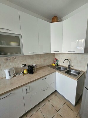 Een moderne keuken met witte kastjes, een dubbele spoelbak en een waterkoker.
