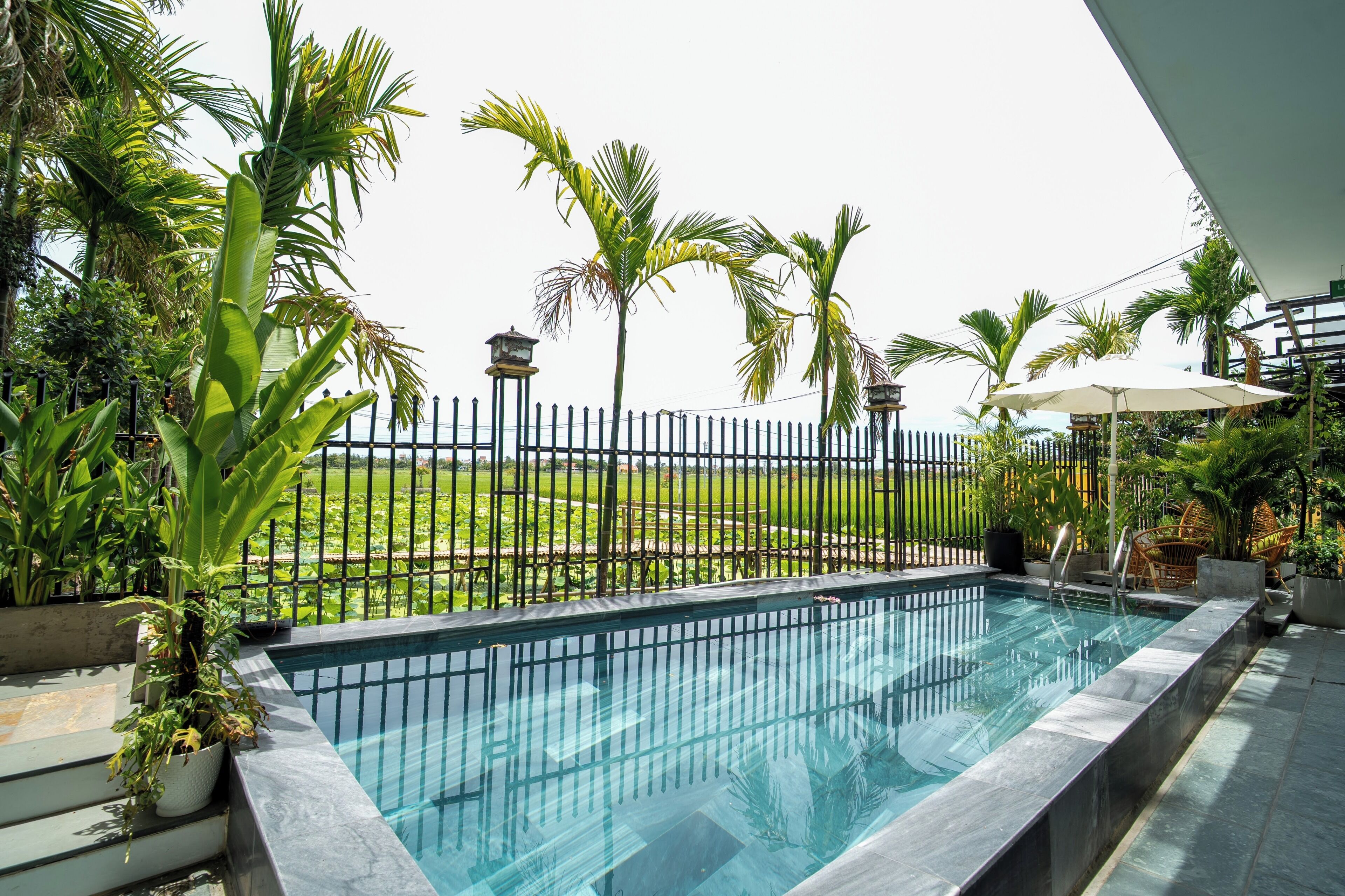 A swimming pool with a view of a green landscape and a fence.