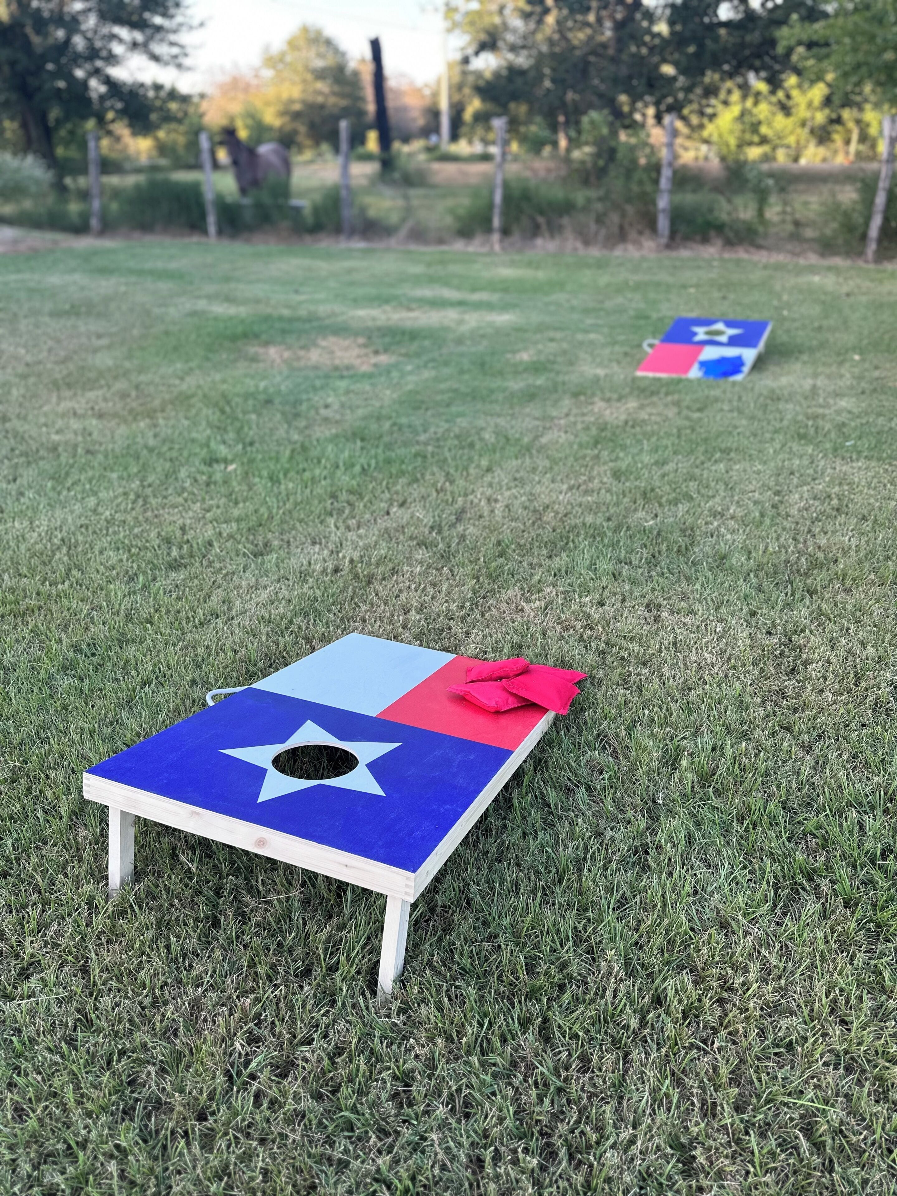 Ein Holzbrettspiel mit Stern- und Flaggenmuster auf einer grünen Wiese.