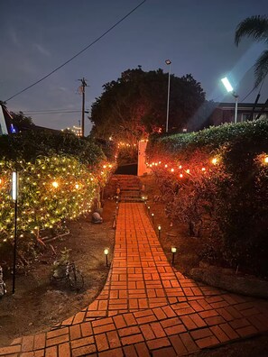 A paved pathway flanked by illuminated plants and trees, leading to a building entrance.