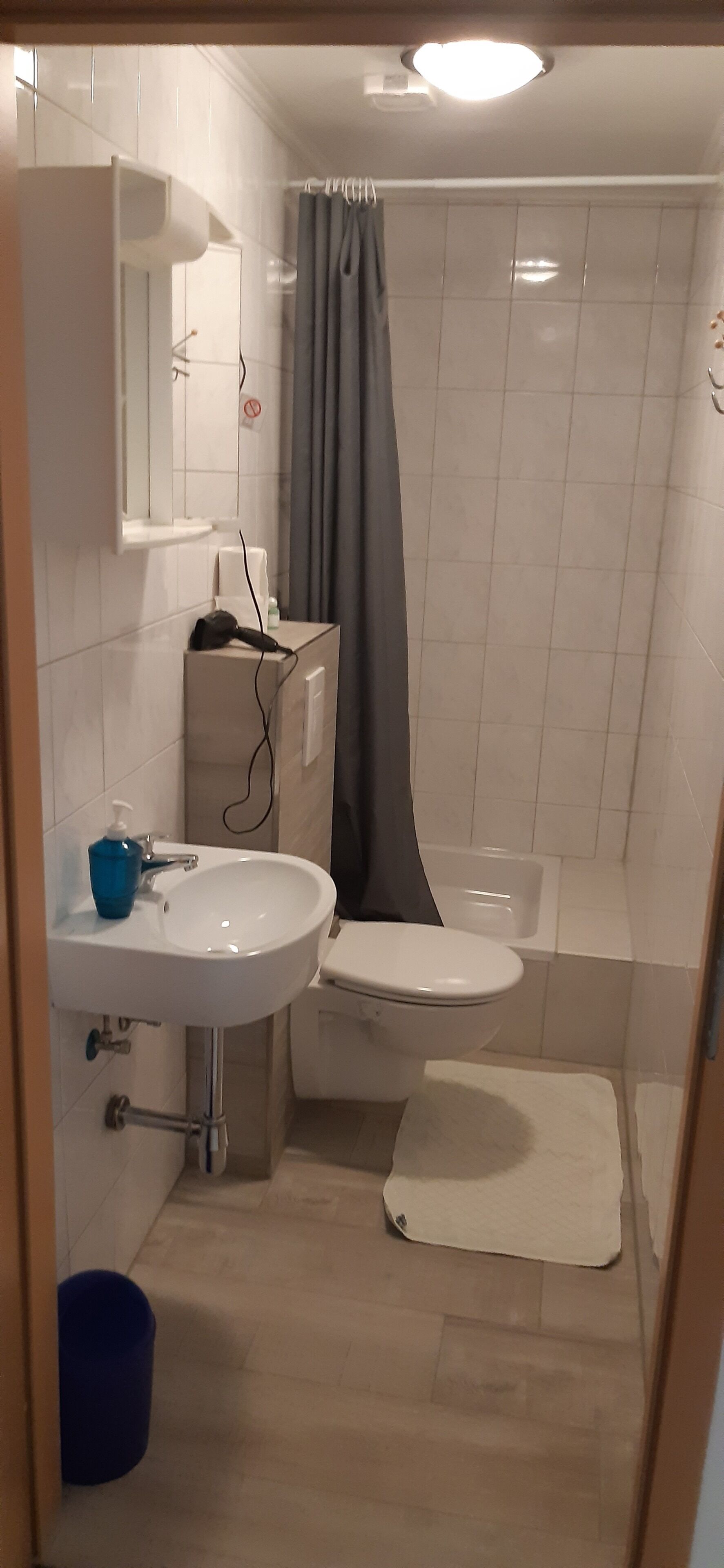 A small bathroom with a sink, toilet, and shower.
