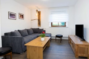 A modern living room with a grey sofa, wooden coffee table, and a television on a wooden stand. - Wohlfühldomizil im Grünen (Leipheim)