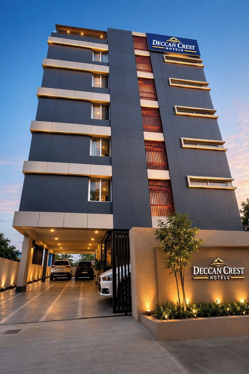 Un hotel Deccan Crest con fachada moderna, varios pisos y una entrada bien iluminada.