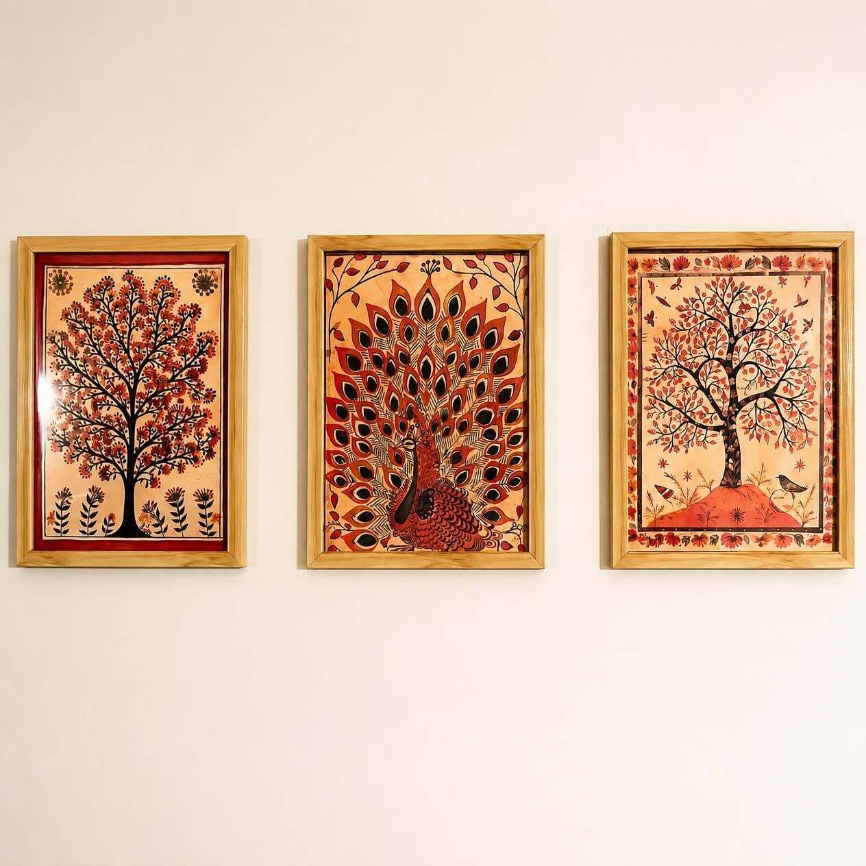 Three framed artworks on a wall.