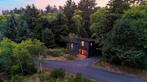Et moderne hus omgivet af tæt skov.