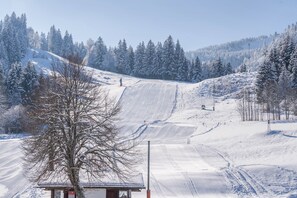 A snow-covered ski slope with a small cabin and trees. - Farmhouse 'Hohe Bleick' with Mountain View, Private Terrace and Wi-Fi (Wildsteig)