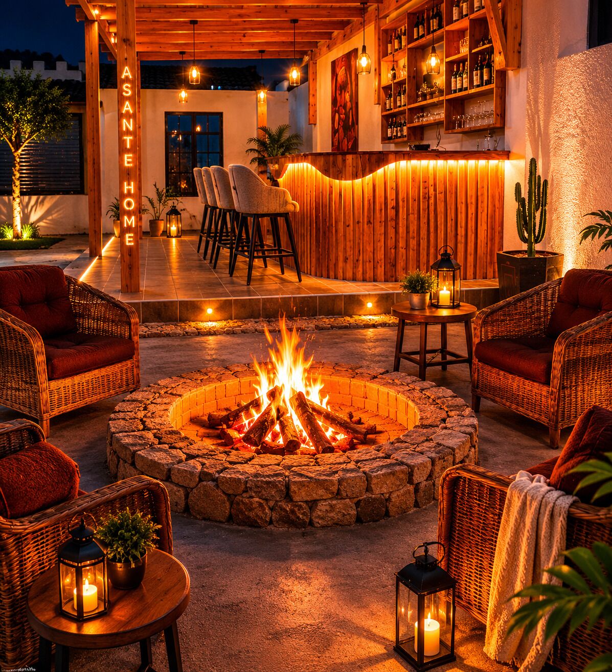 A cozy outdoor seating area with wicker furniture, a stone fire pit, and ambient lighting.