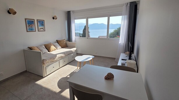 TV, books - One-bedroom apartment right on the water, 5 minutes from St. Florent. (Patrimonio)