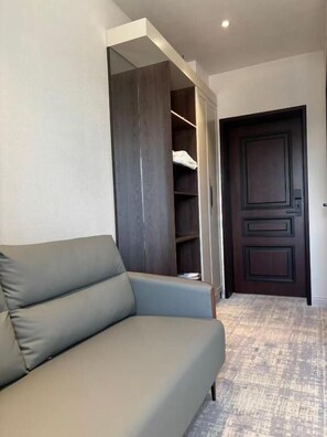 Una habitación con un sofá gris, un armario de madera y una puerta oscura.