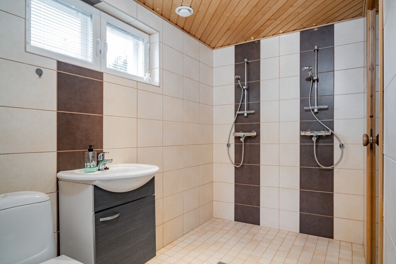 Une salle de bain avec un lavabo blanc, des carreaux aux tons foncés et un espace douche.