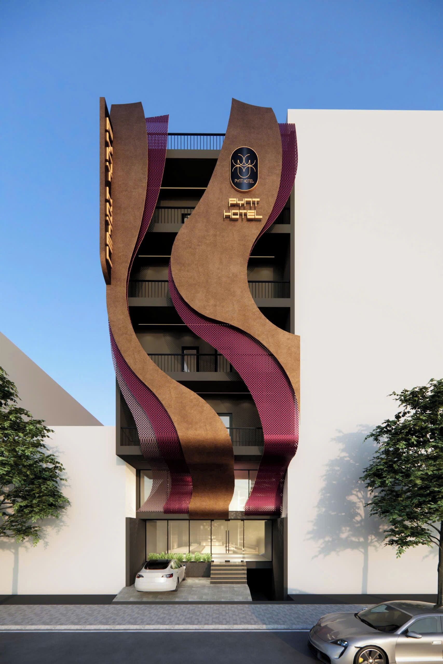 Un moderno edificio de hotel con un diseño arquitectónico único que presenta líneas curvas y un logotipo destacado.