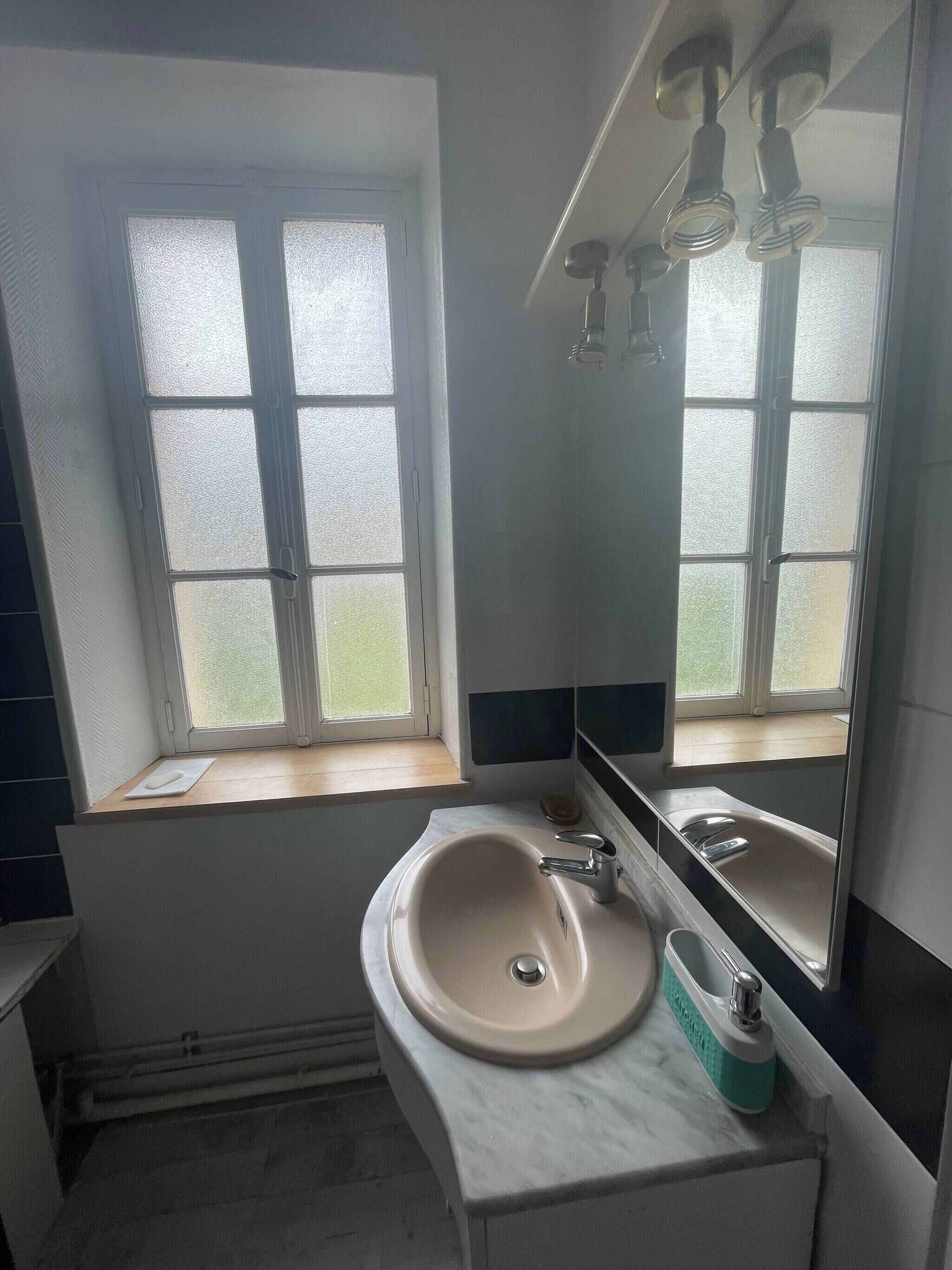 A bathroom with a window, a sink, and a mirror.