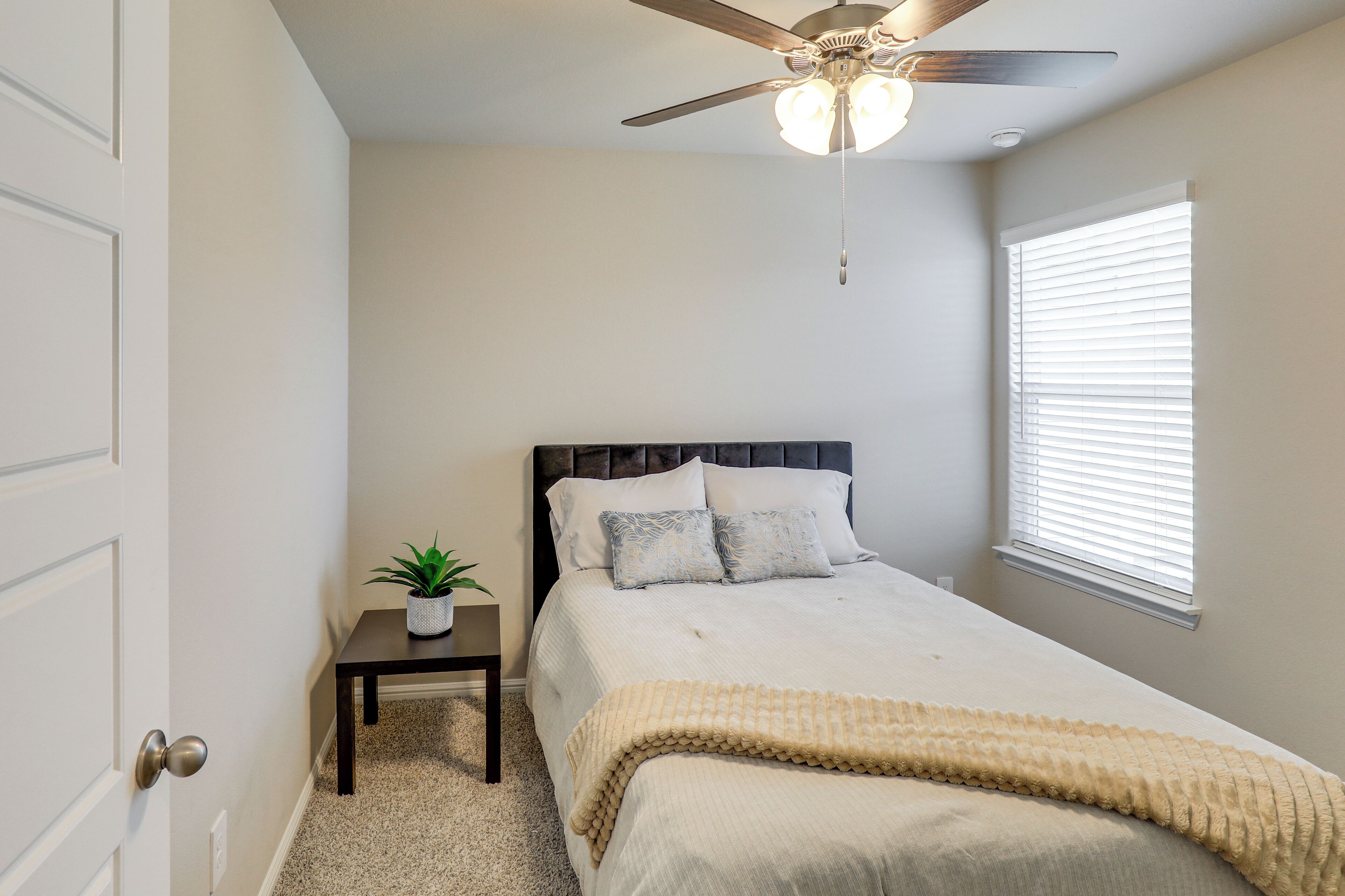 A bedroom with a bed, a ceiling fan, a window with blinds, and a small table with a plant.