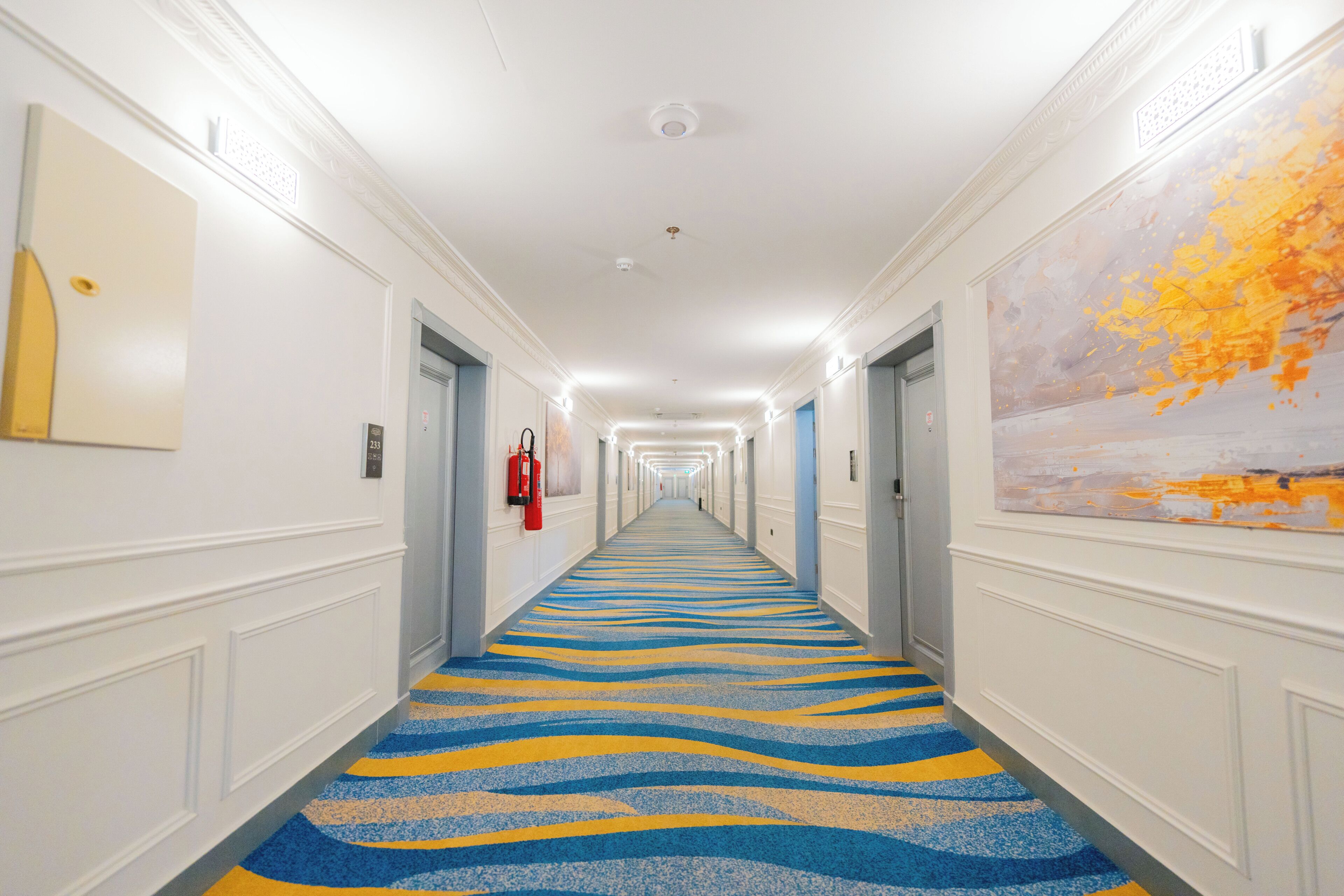Un pasillo de hotel con alfombra estampada, puertas a ambos lados y un cuadro en la pared derecha.