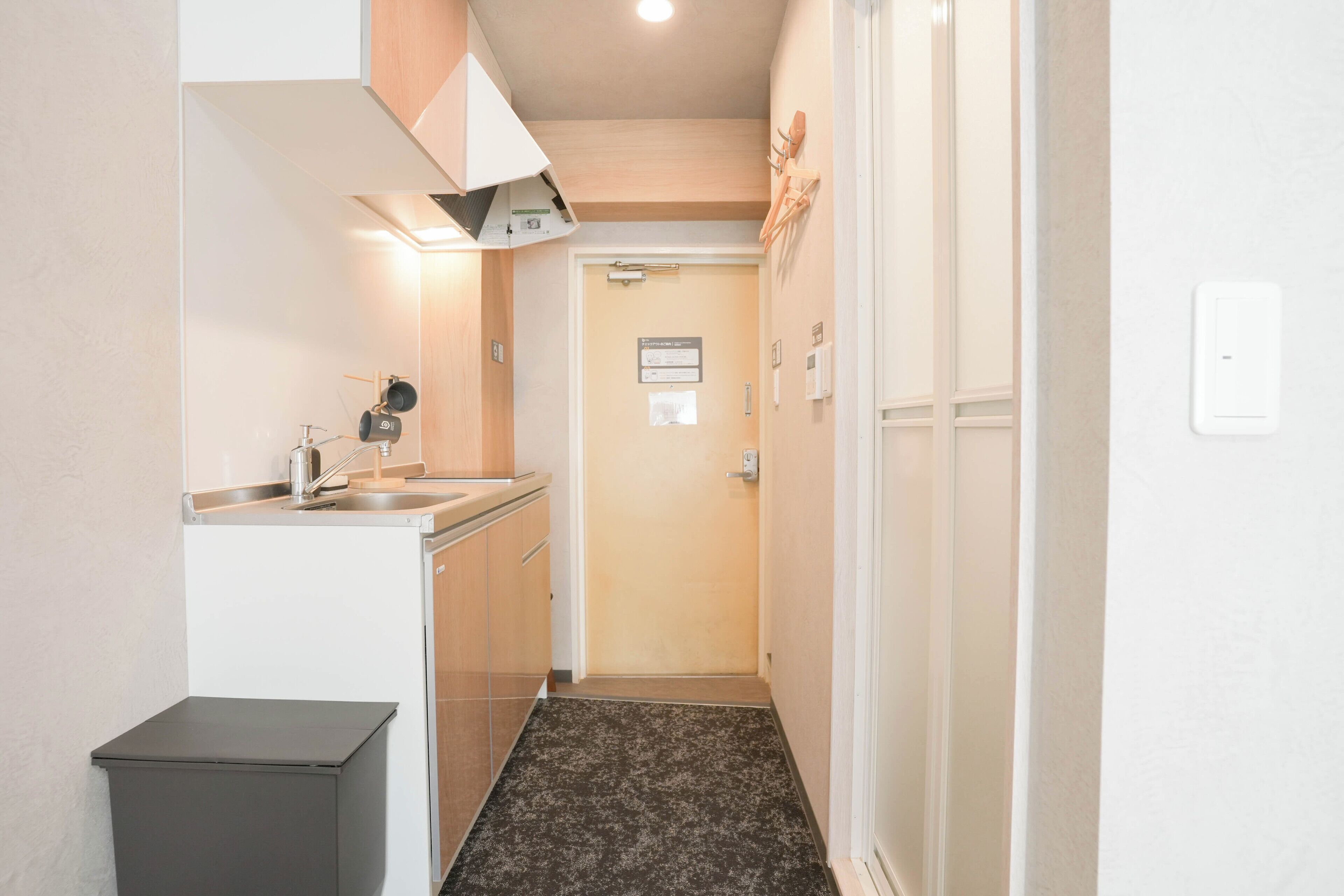 A narrow hallway with a kitchenette on the left, a door at the end, and a trash bin.