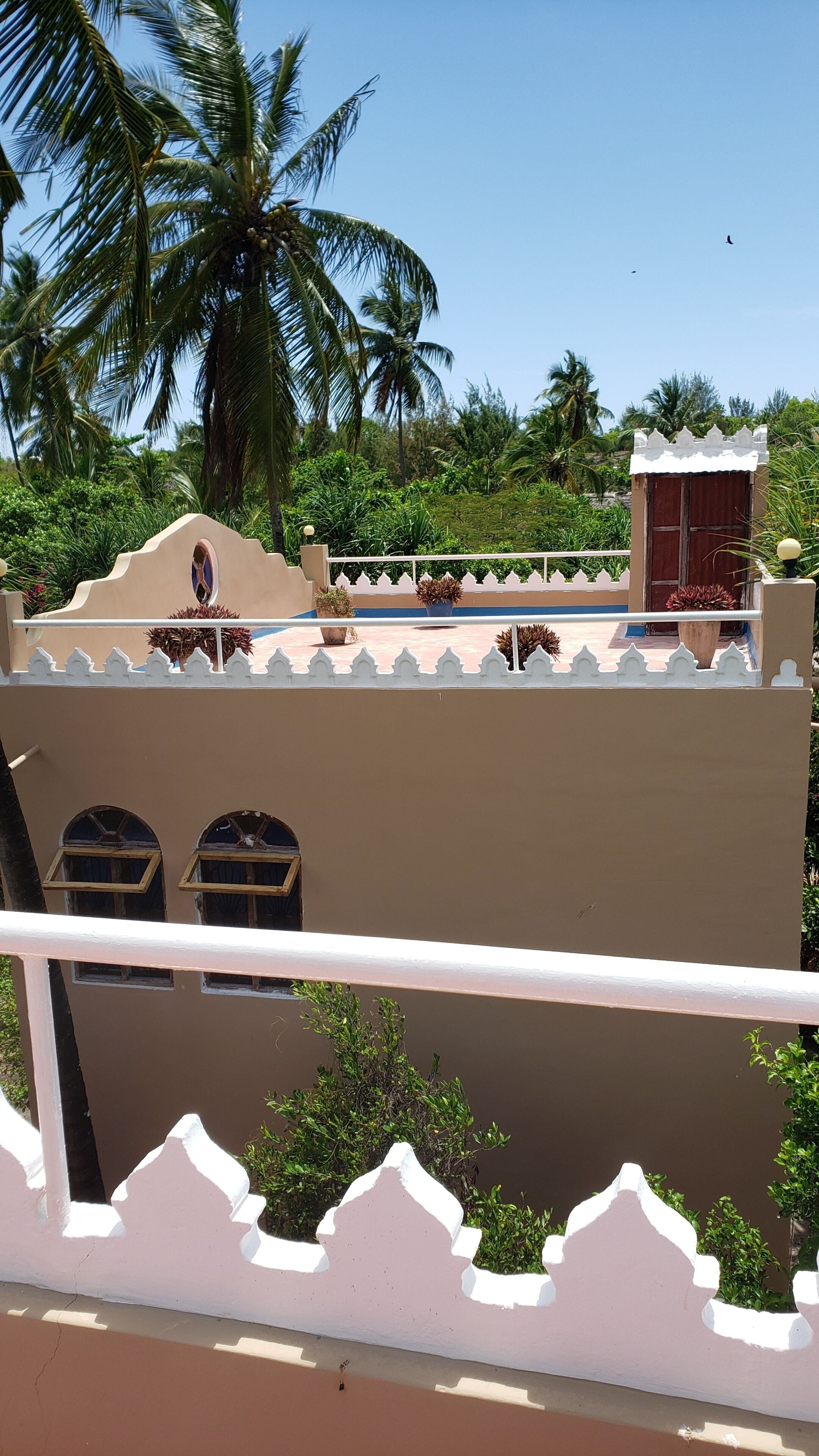 A building with a balcony, a small structure with a white roof, and a palm tree in the background.