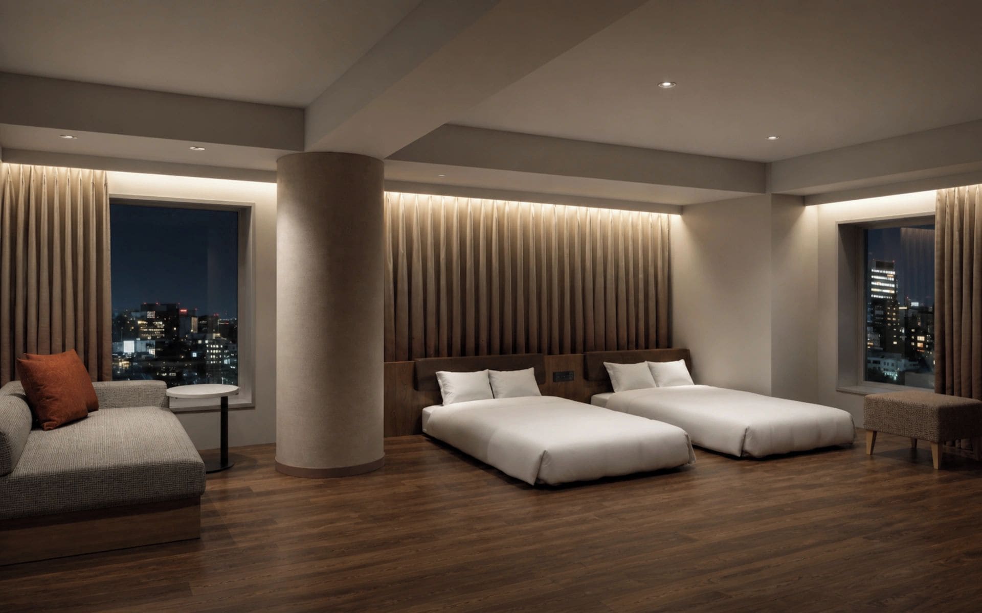 A modern hotel room with a city view, two beds, a sofa, and a small table.