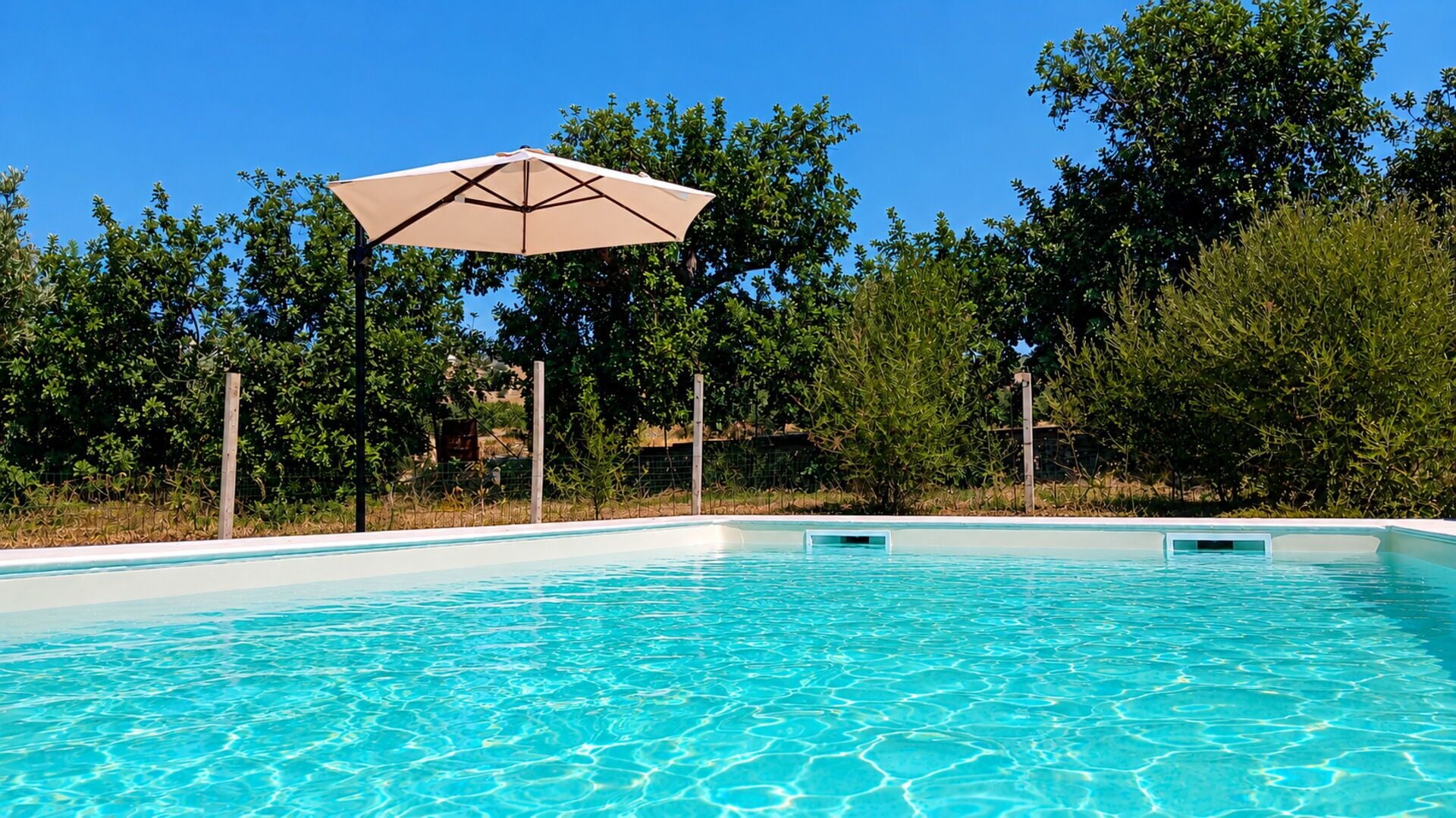 A clear blue swimming pool with a beige umbrella, surrounded by trees and a fence.