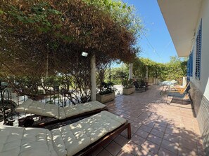 Un espace extérieur aménagé en terrasse, doté d’un sol carrelé, de chaises longues et d’une pergola recouverte de plantes grimpantes.