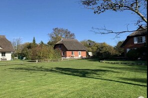 A rural property with a thatched-roof house, a fenced lawn, and a clear blue sky. - Holiday home in Dranske with swimming pool (Dranske)