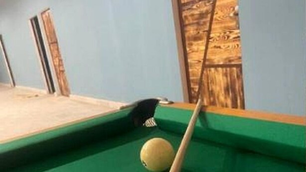 A pool table with a cue stick, a red ball, and a yellow ball.
