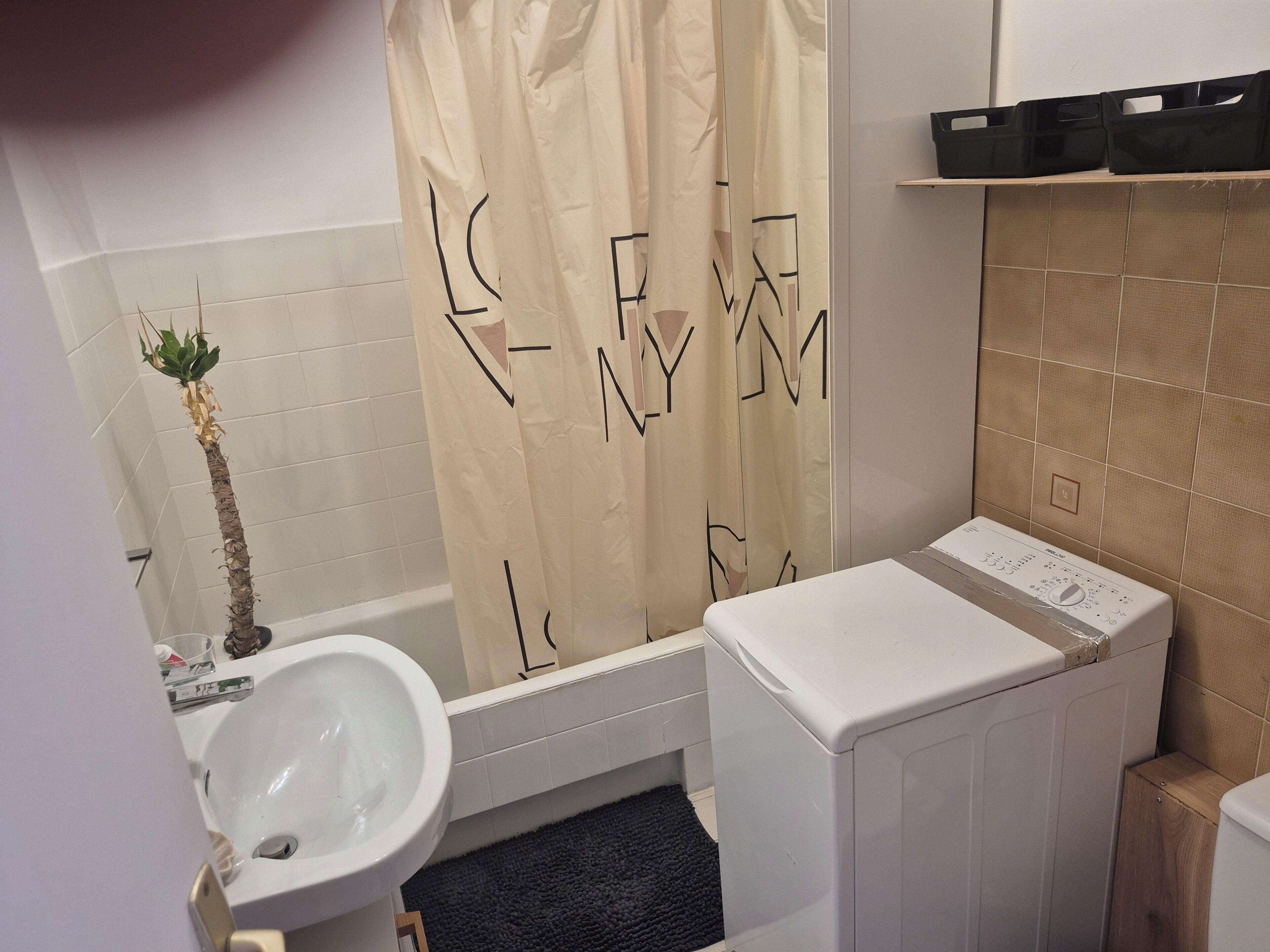 A bathroom with a toilet, sink, shower curtain, and a washing machine.