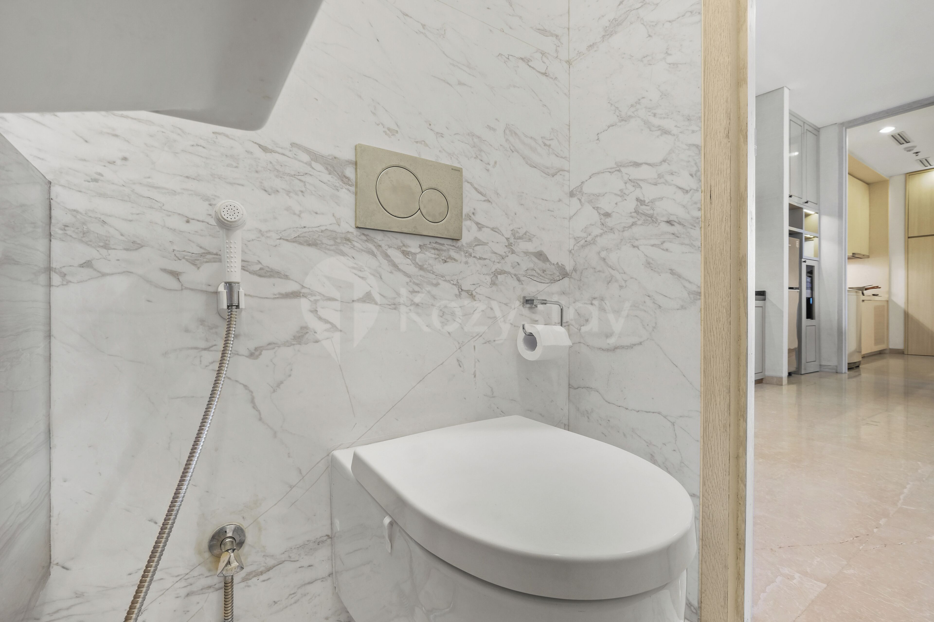 Une salle de bain moderne avec un mur en marbre, une douche équipée d’un pommeau de douche à main et des toilettes.