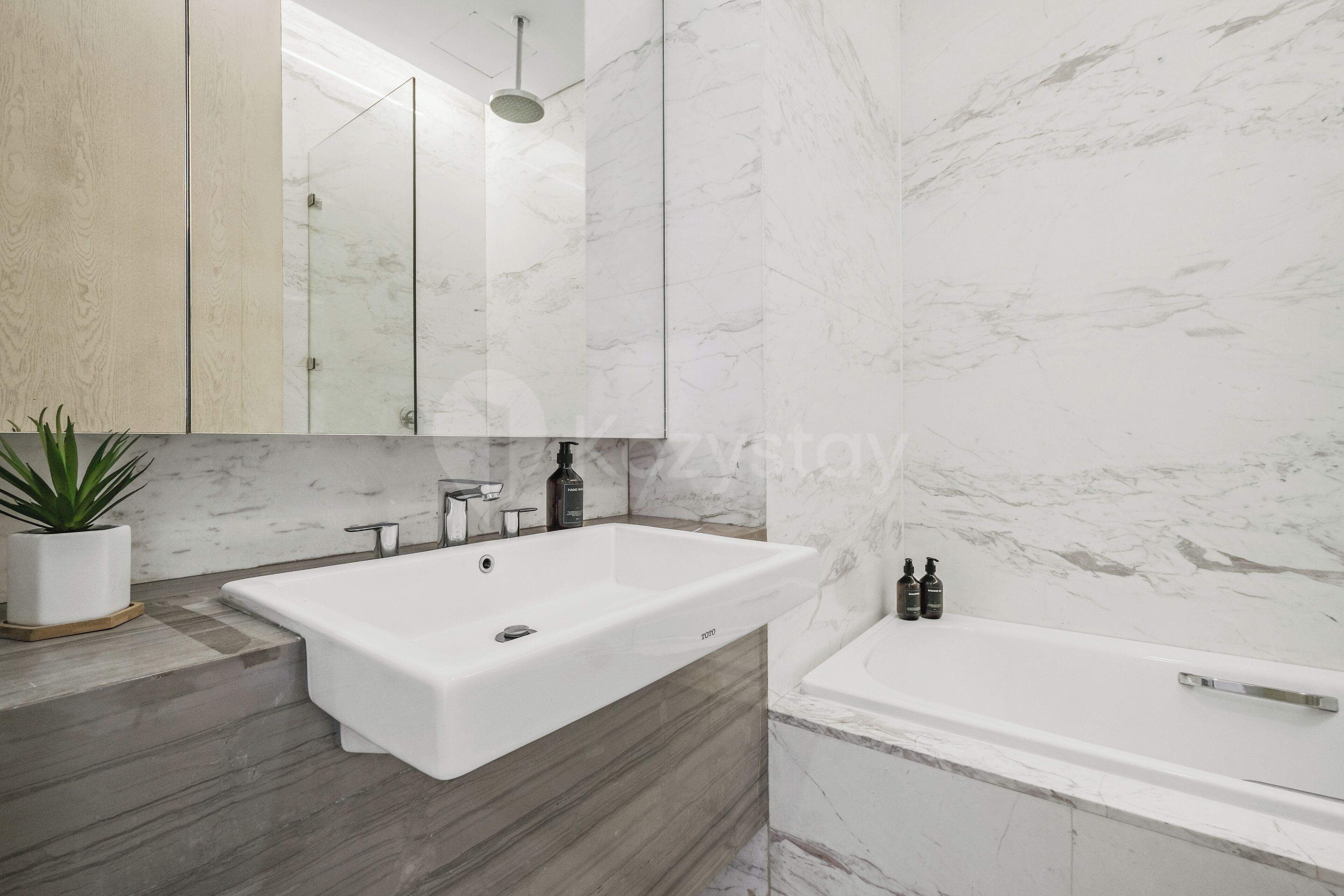 A bathroom with a white sink, a mirror, a shower, and a potted plant.