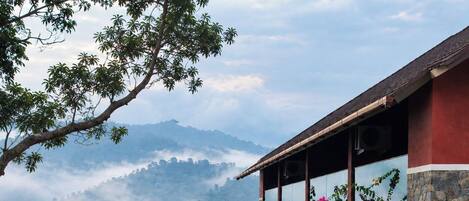 A multi-story building with balconies, surrounded by lush greenery and a mountainous backdrop.