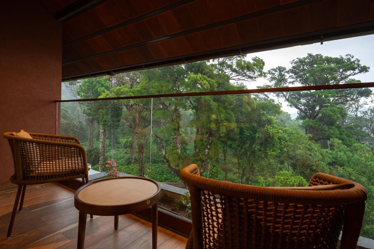 A room with two wicker chairs and a small table, large windows with a view of a forest.