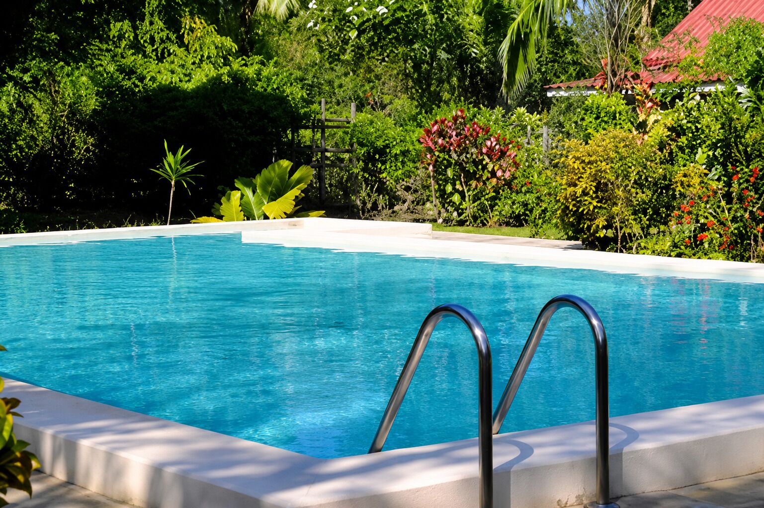 A clear swimming pool with metal ladders, surrounded by lush greenery and a red-roofed building in the background.