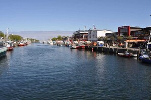 A marina with boats docked along the waterfront, a building with a flag, and a Market Hall. - Holiday apartment with 2 bedrooms (Warnemünde)