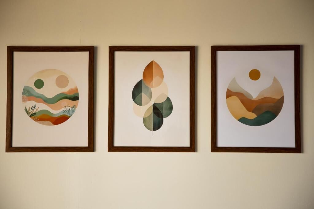 Drie ingelijste abstracte kunstwerken aan een muur.
