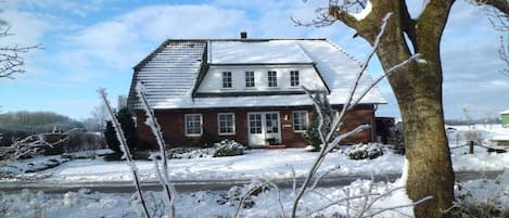 A two-story house with a sloped roof, a front door, and a visible chimney.