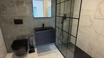 A modern bathroom with a glass shower enclosure, a black toilet, a vanity with a sink, and a mirror.