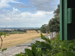 A rural landscape with fields, a church, and a street lamp.