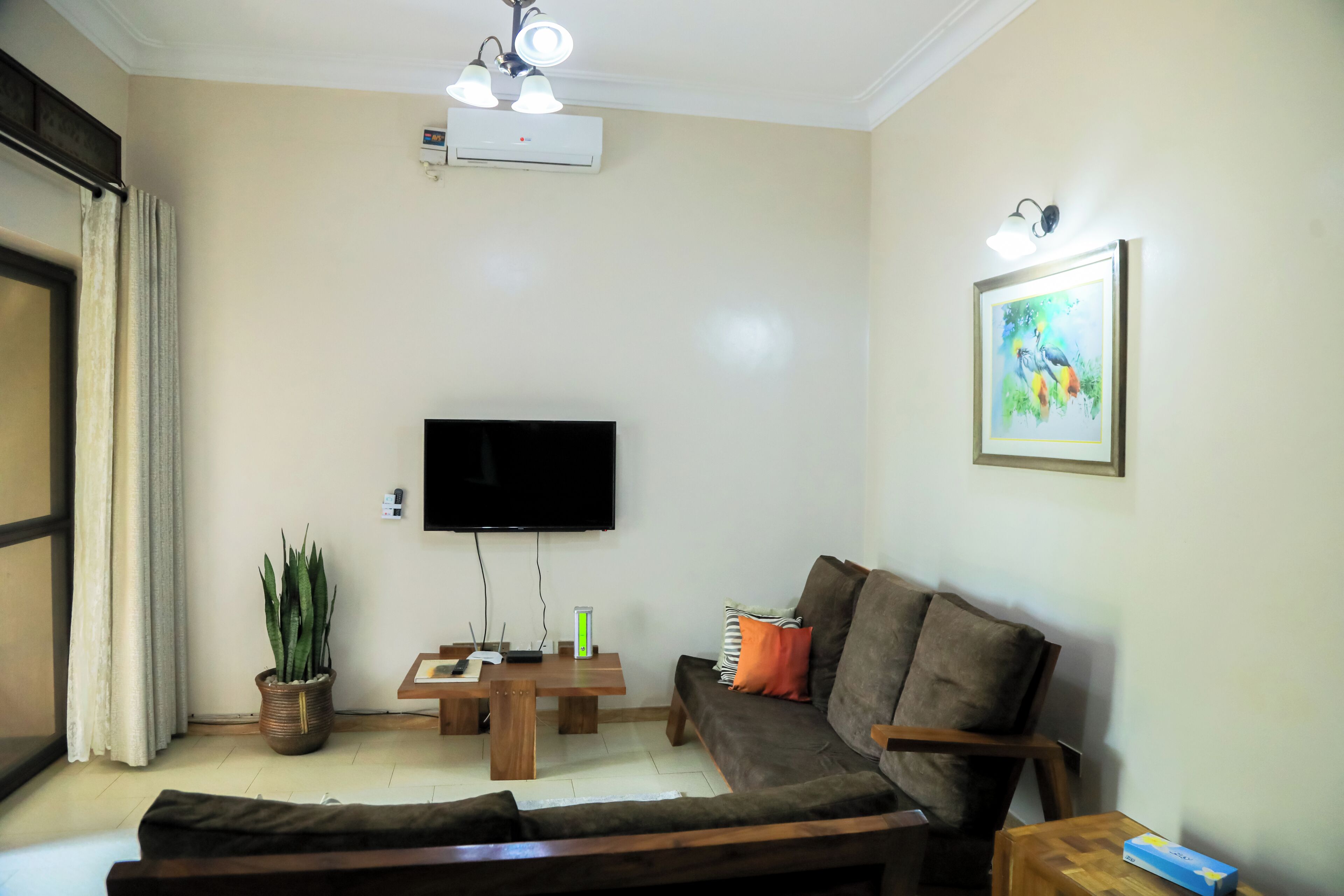 Un salon avec un téléviseur à écran plat fixé au mur, un canapé, une table basse et une plante en pot.