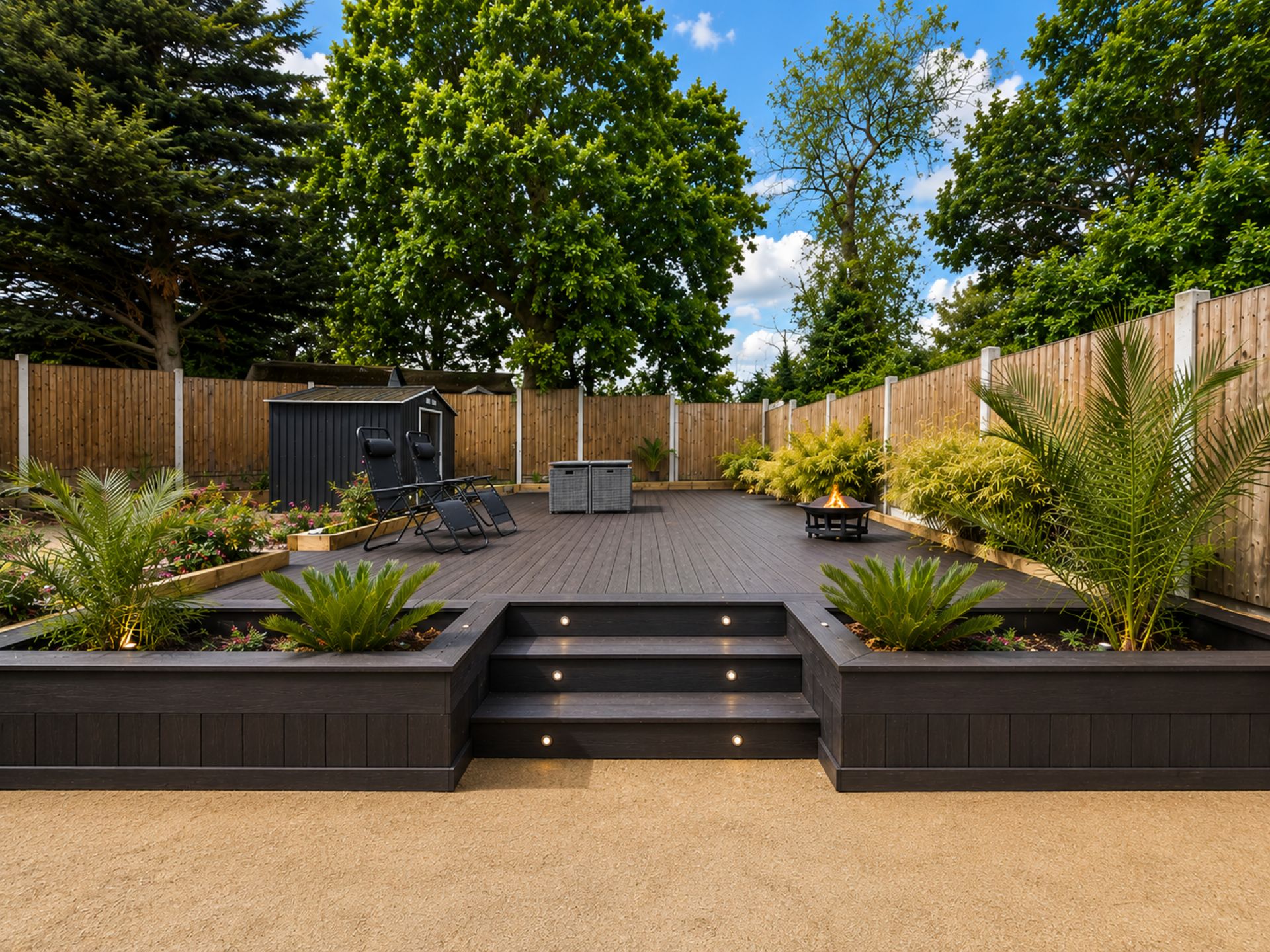 A backyard with a wooden deck, a barbecue area, and a small shed.