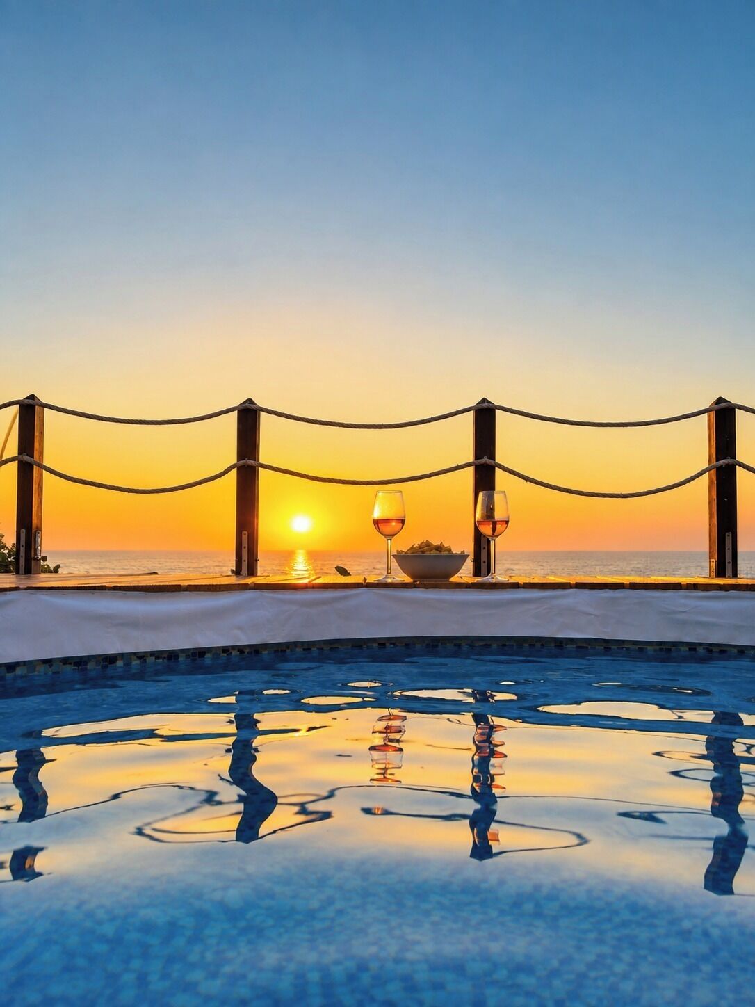 Een zwembad met uitzicht op een zonsondergang, een eettafel met glazen en een schaal, en een touwbalk.