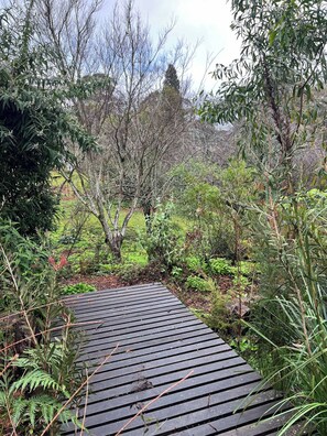 A wooden pathway leading through a garden with various plants and trees. - Apple Tree Cottage, a charming mid century hideaway close to town and bushwalks (Blackheath)