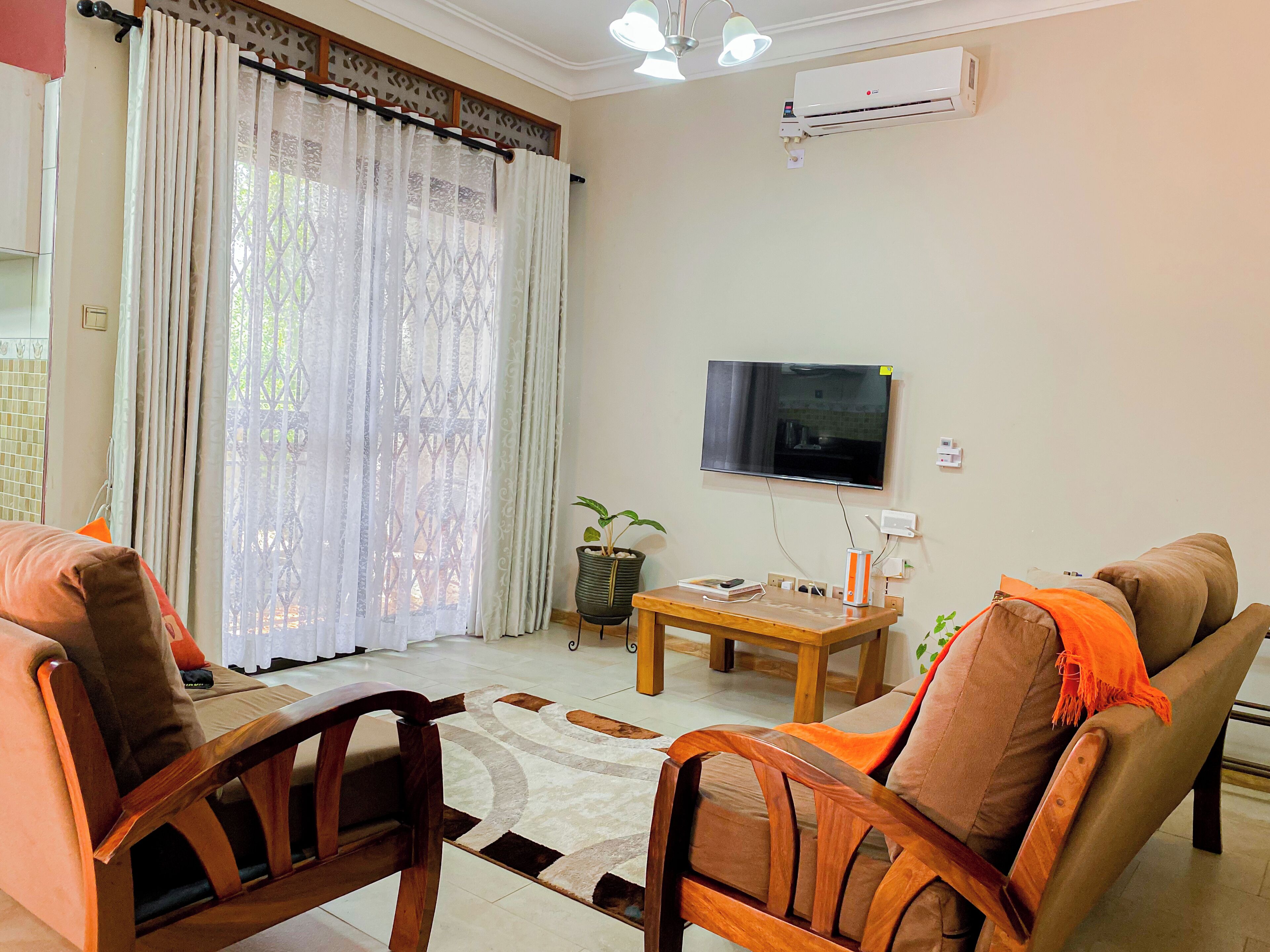 A living room with a flat-screen TV, a ceiling fan, and a potted plant.