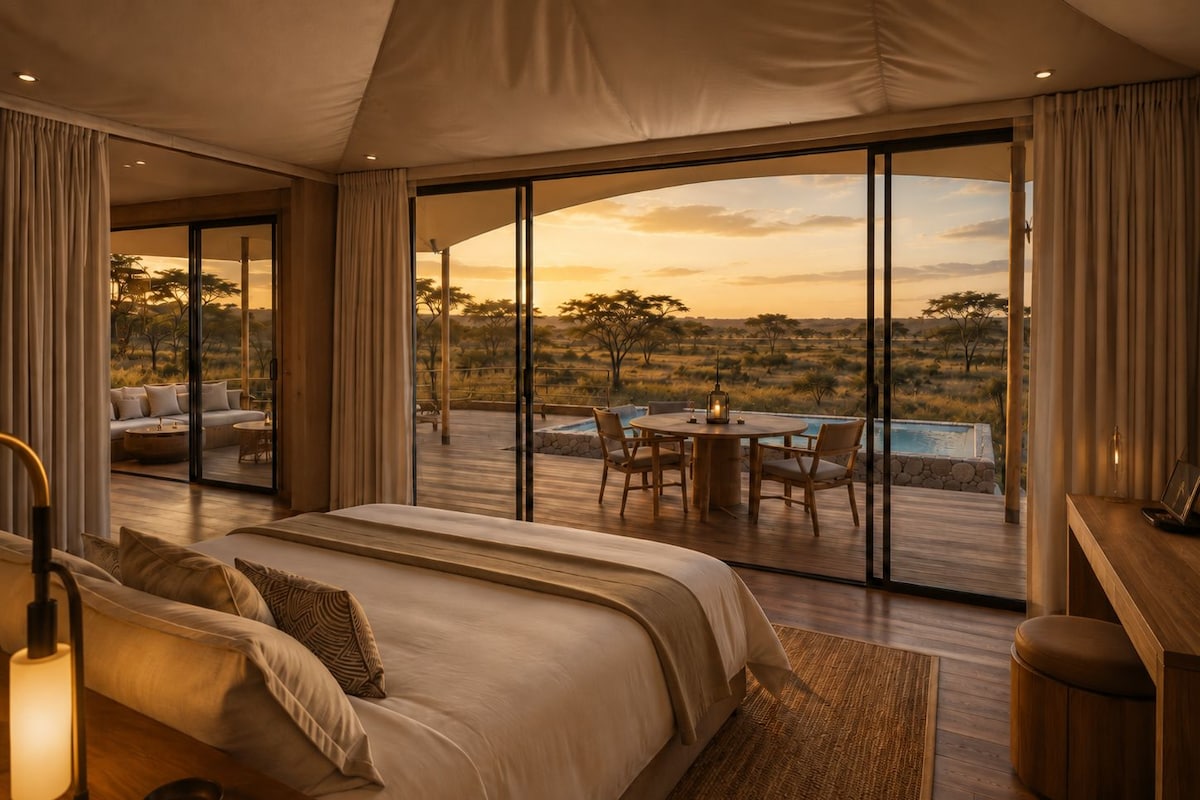 A bedroom with a large bed, a desk, and a view of an outdoor deck with a pool and natural landscape.