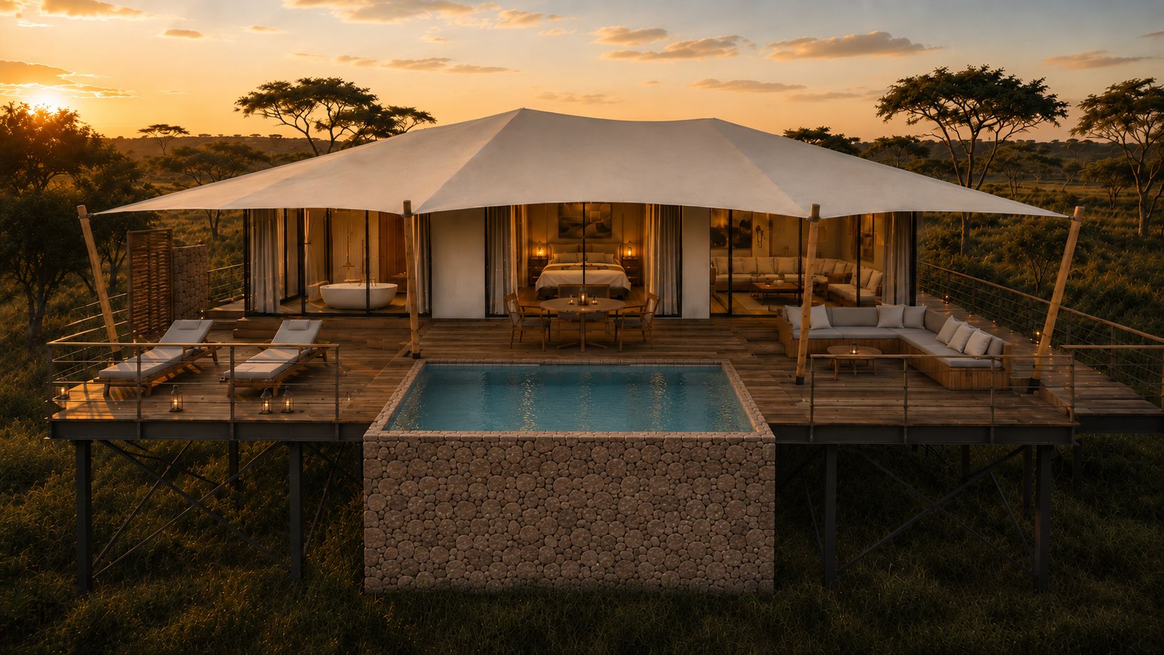 A luxurious outdoor suite with a pool, lounge chairs, and a covered seating area.