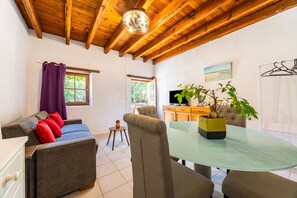 A room with a wooden ceiling, a sofa with red cushions, a glass table, and a plant in a yellow pot.