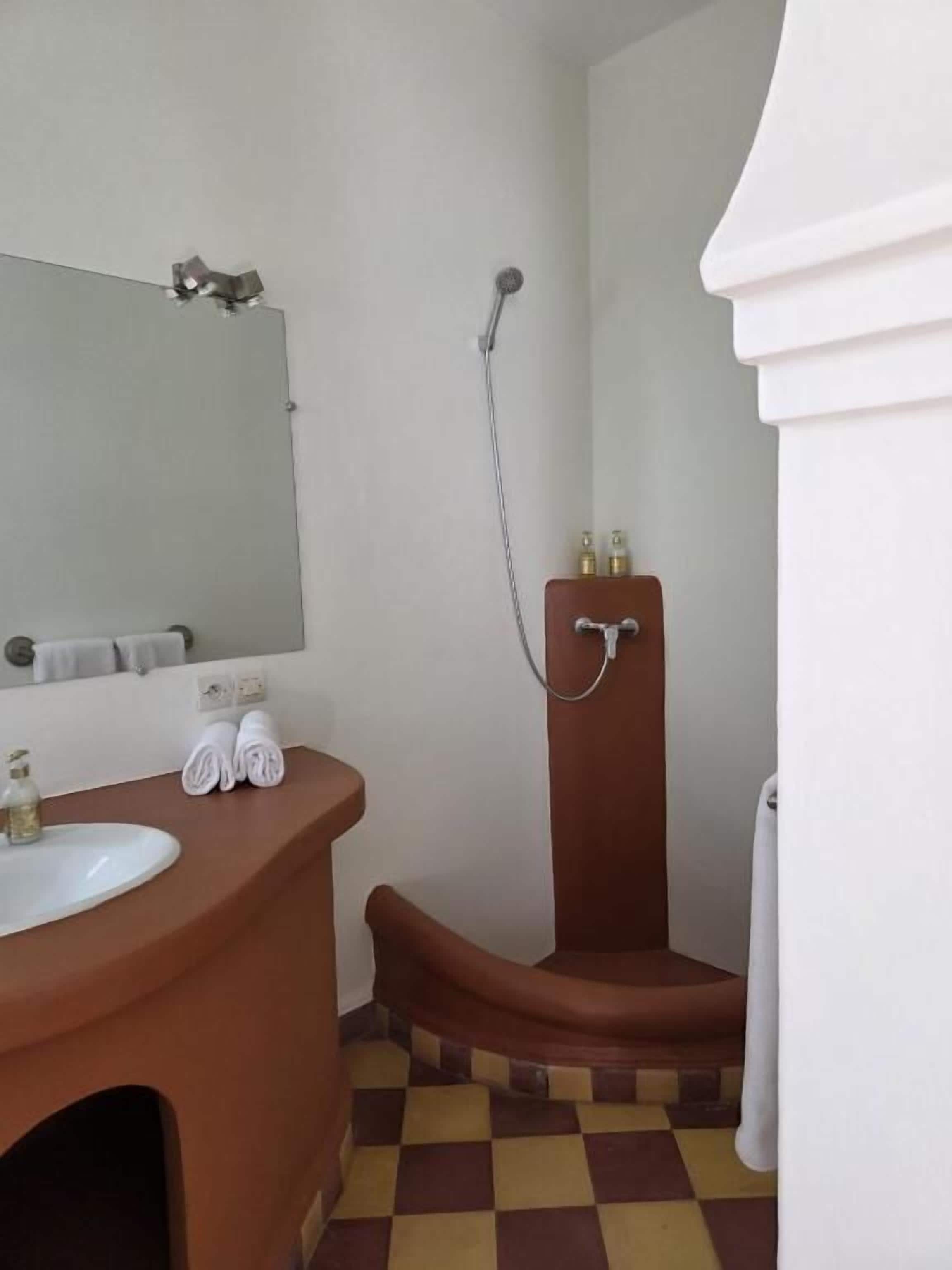 Une salle de bain avec un lavabo, un miroir, une douche et un carrelage à motifs à carreaux.