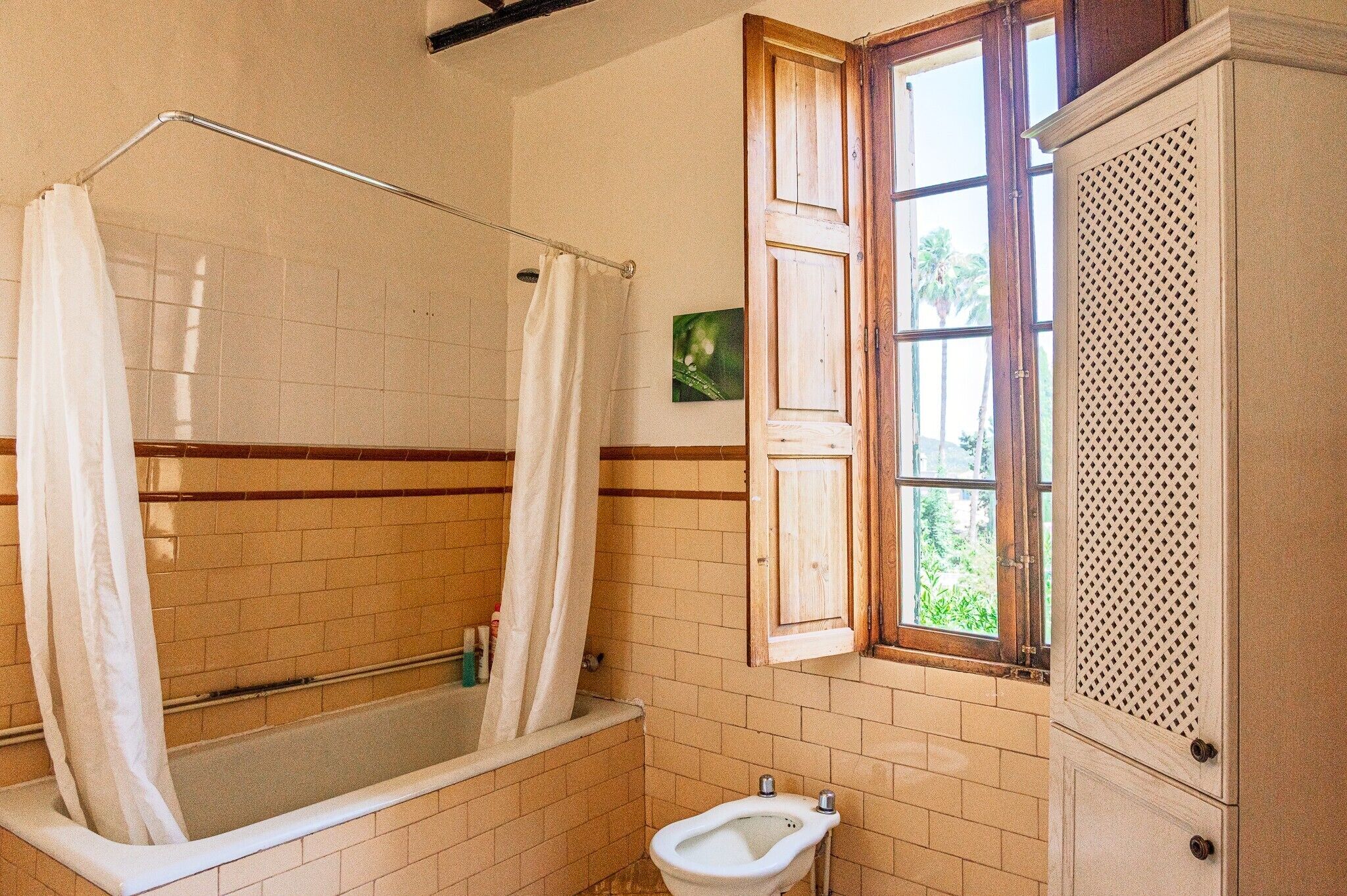 Een badkamer met een bad, douchegordijn, toilet en een raam met uitzicht op groen.