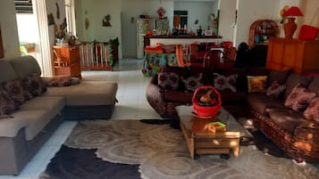 A living room with a sofa, a coffee table, and a dining area with chairs and a table.
