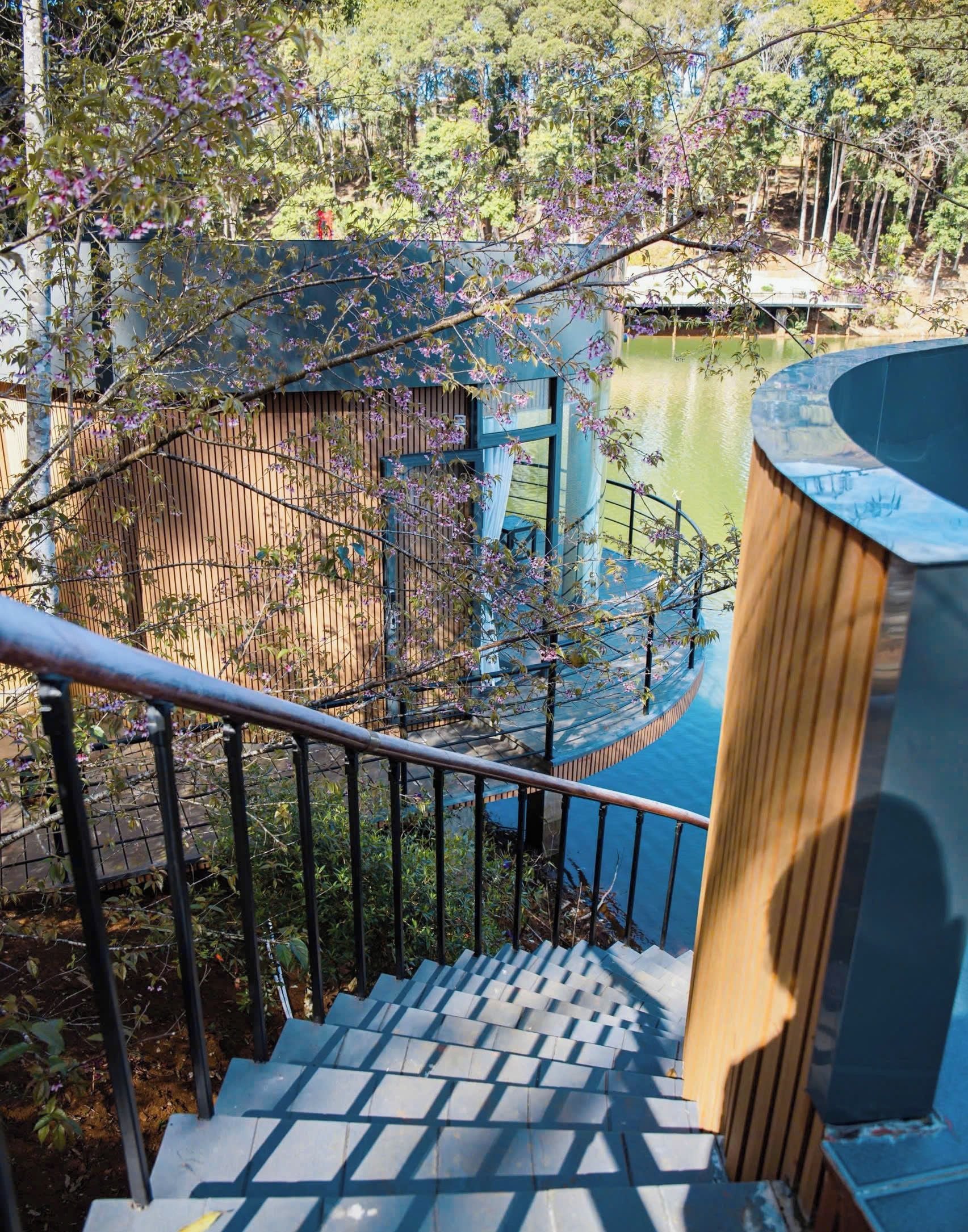 Una escalera en espiral que conduce a una estructura azul con vistas a un cuerpo de agua y follaje circundante.